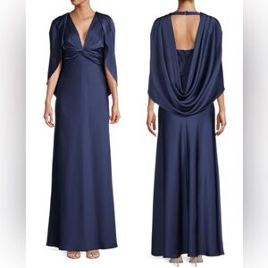 Aidan Mattox Satin Cowl Neck Navy Blue Maxi Dress Gown Sz 6